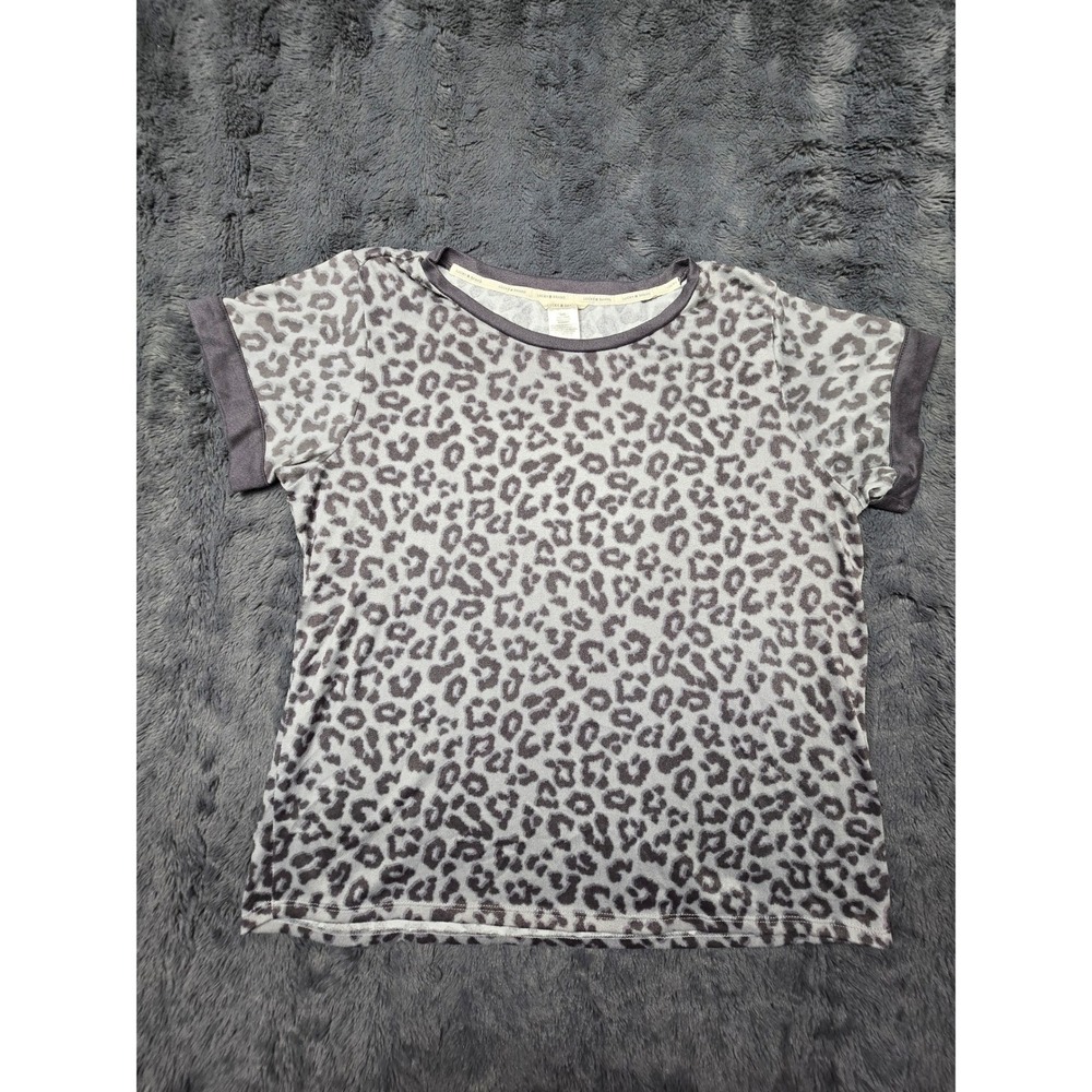 Lucky Brand Womens XL Grey Leopard Print Short Sleeve Knit‎ Top Crew Neck Animal